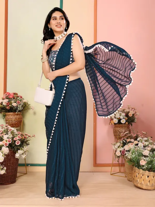 Soft Georgette Saree with Pom-Pom Lace Border | Stylish Daily & Party Wear