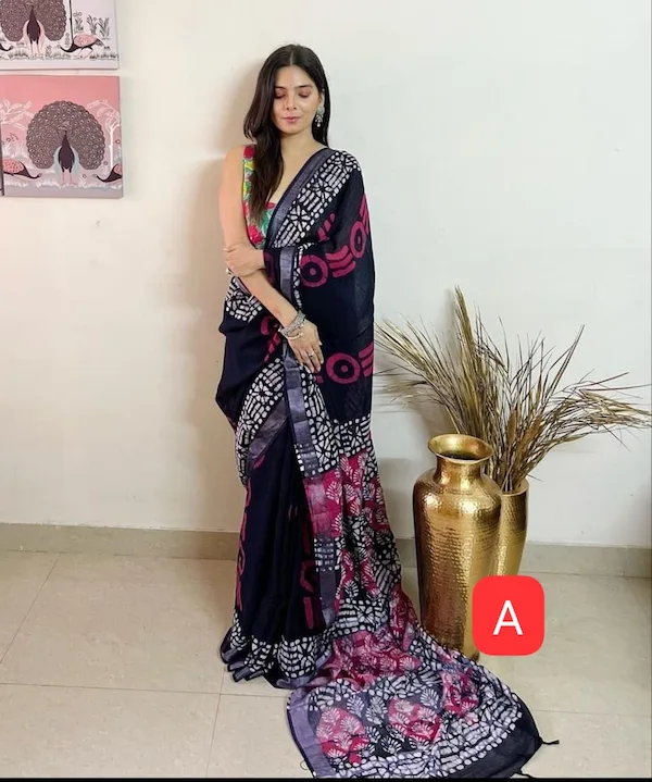 Original Linen Saree with Silver Zari Patta & Digital Print
