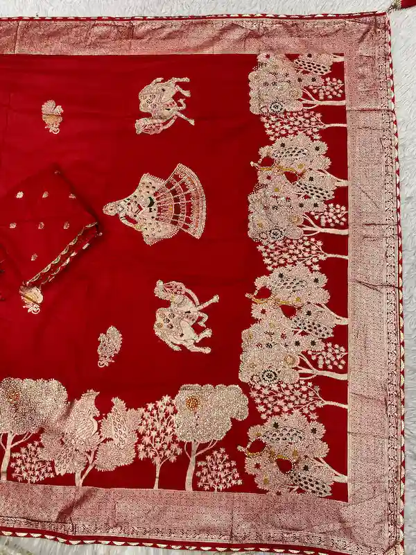 Hand Dyed Dola Silk Saree with Meena Zarkan Work & Samosa Border