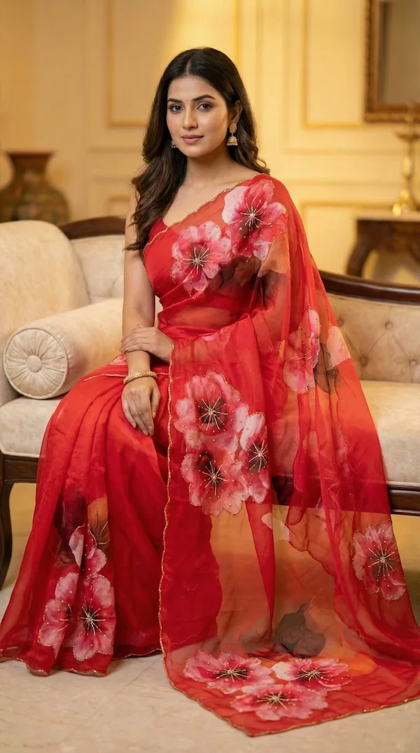 Heavy Soft Tabby Silk Floral Print Saree with Handwork Border