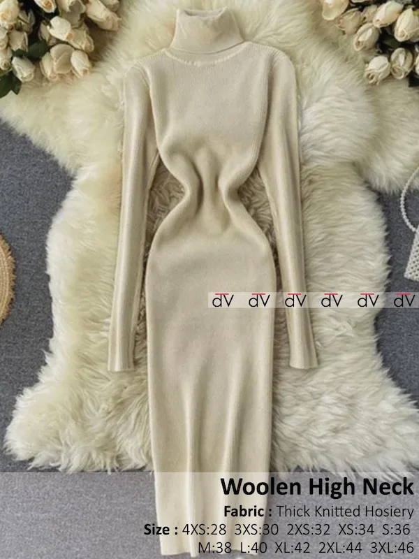 Plus Size Woolen High Neck Ribbed Dress Stretchable Winter Wear