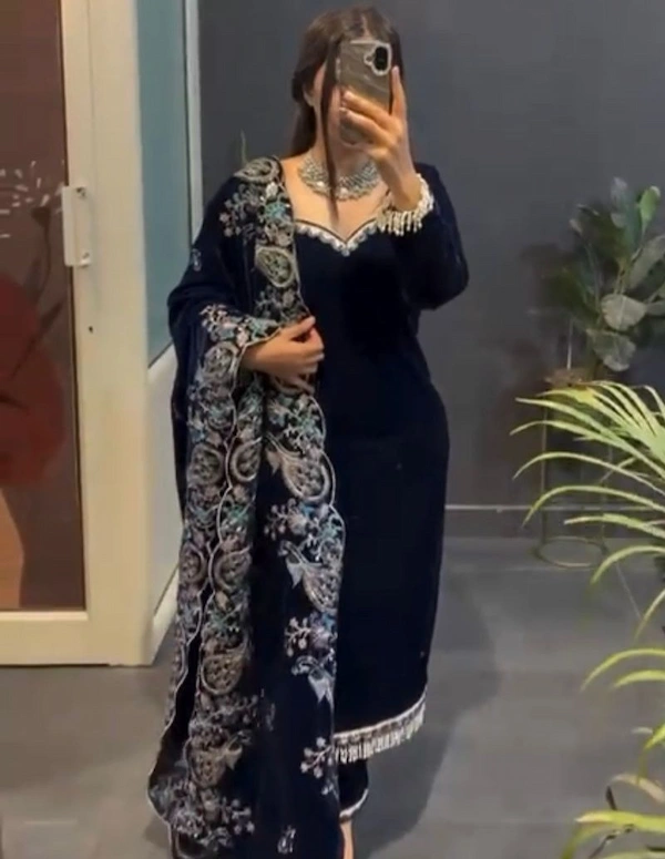 Velvet Embroidered Kurta Set with Dupatta