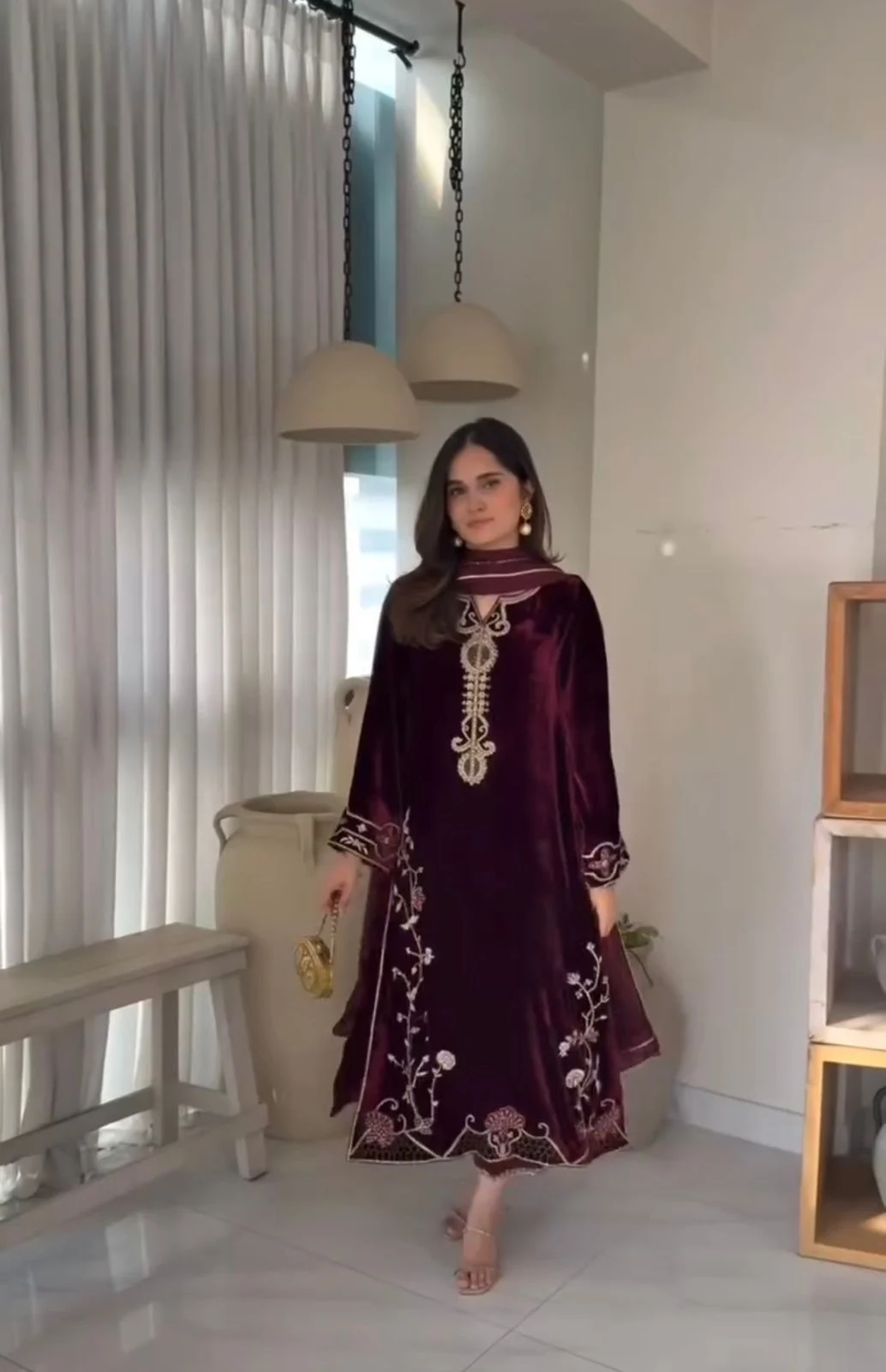 Velvet Embroidered Kurta Set with Dupatta