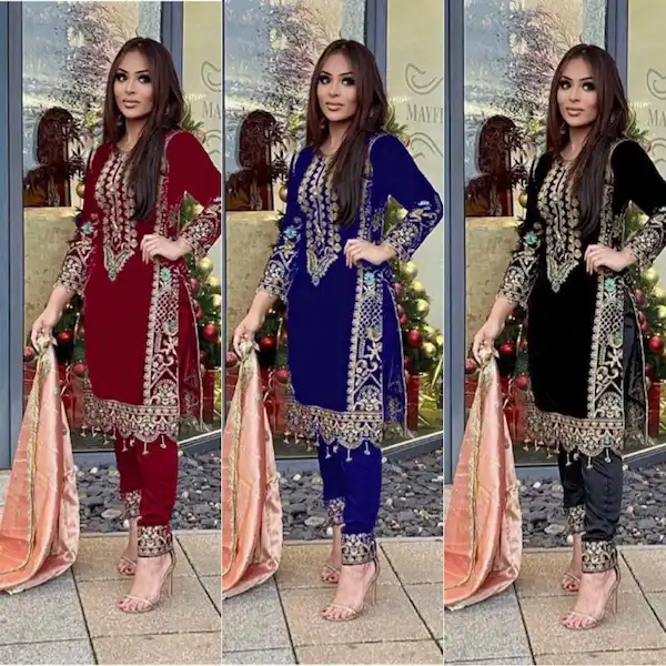 Velvet Embroidered Kurta Set with Net Dupatta – SSR-325