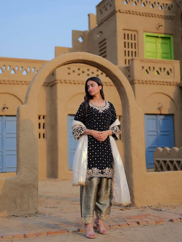 Velvet Embroidered Kurti Pant Set with Dupatta