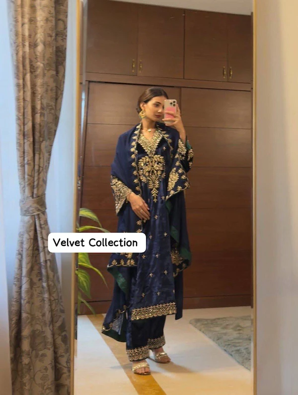 Velvet Embroidered Kurti Pant Set with Dupatta