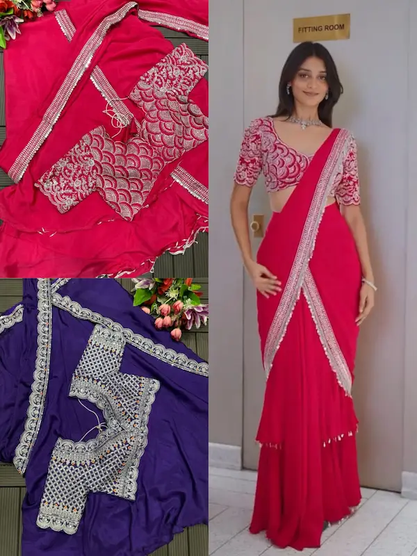 Heavy Chinon Predrape Lehenga Saree with Embroidered Blouse