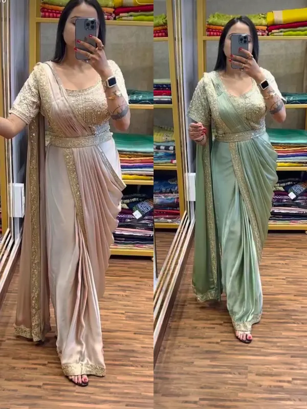 Heavy Rangoli Predrape Saree with Embroidered Blouse & Belt