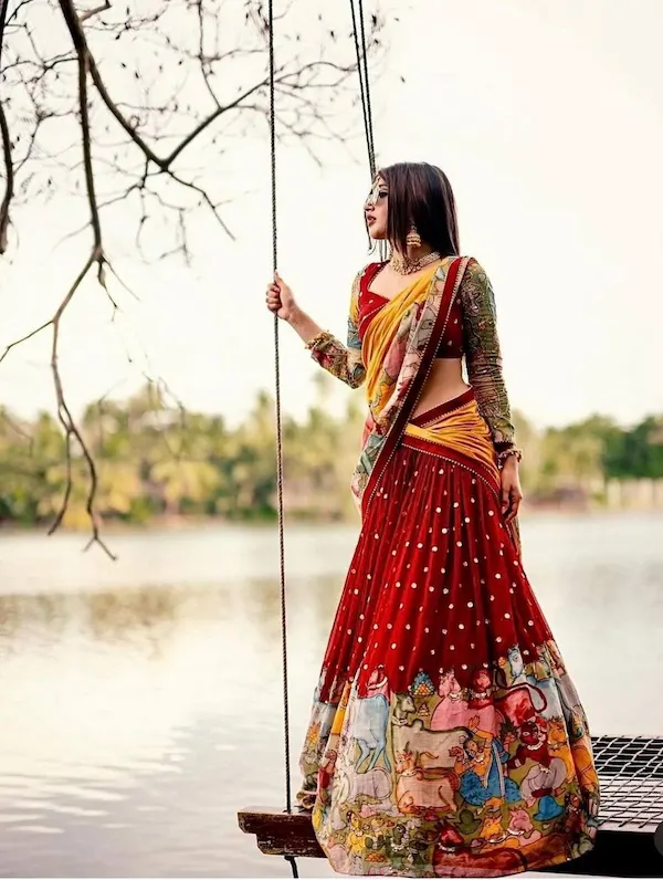 Kalamkari Print Lehenga and Choli with Embroidery Work 