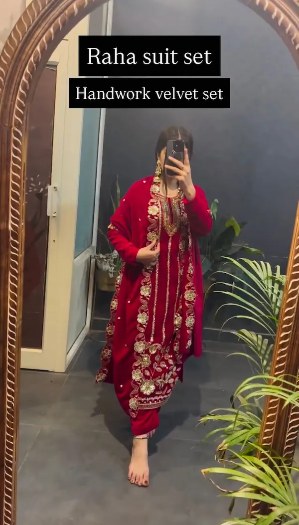 Velvet Embroidered Kurti Pant Set with Dupatta