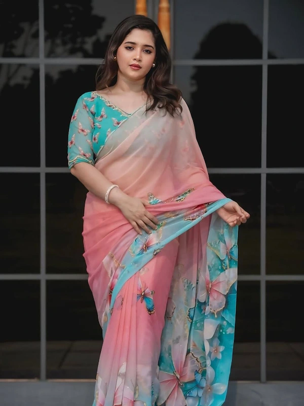 Soft Pure Georgette Digital Print Saree with Handwork