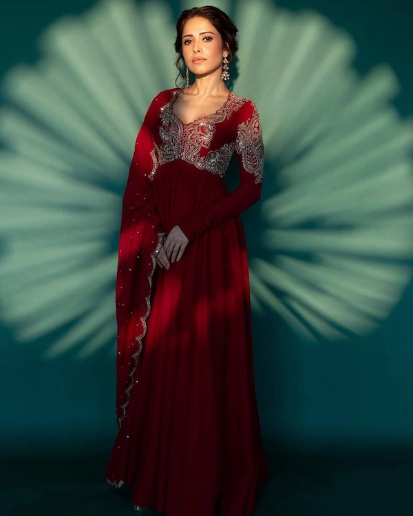 Celebrity Inspired Chinon Embroidered Gown with Dupatta