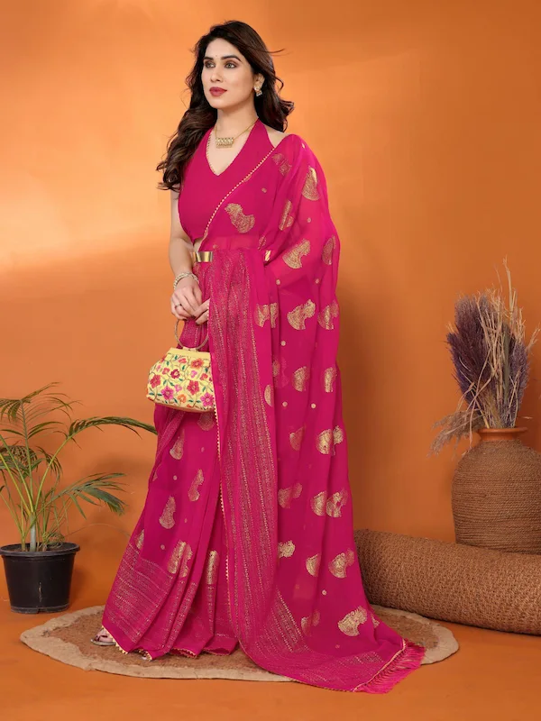 Soft Georgette Saree with Foil Work and Samosa Lace Border