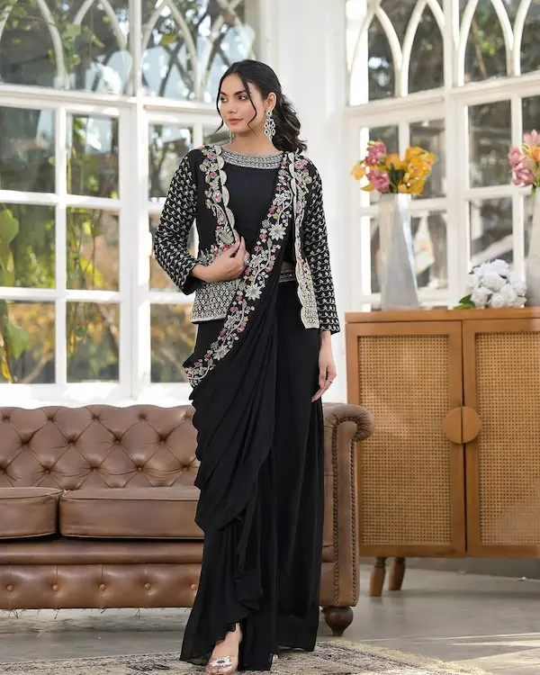 Heavy Chinon Drape Saree with Embroidered Koti and Blouse