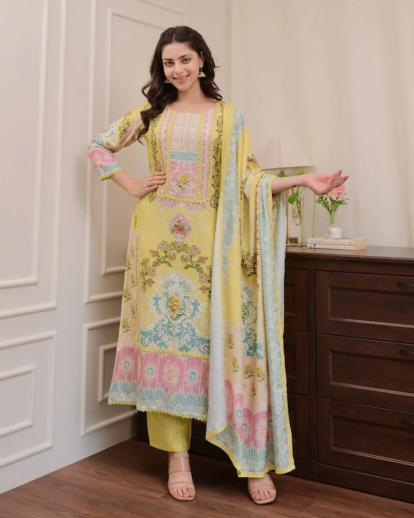 Pakistani Flowers Bloom Soft Loom Kurta Set with Hand Embroidery and Dupatta