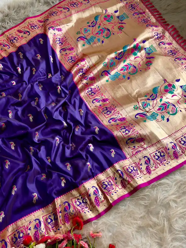 Paithani Saree with Peacock and Lotus Zari Weaving