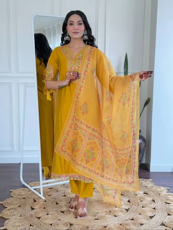 Women's Embroidered BSY Viscose Kurta Set with Printed Dupatta