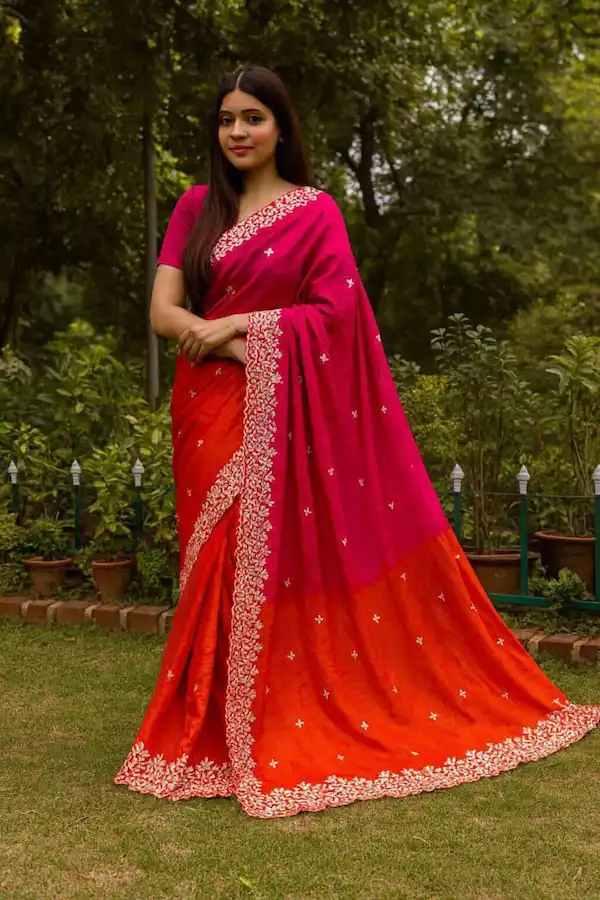 Ravina Recommended Chinon Embroidered Saree with Border & Blouse