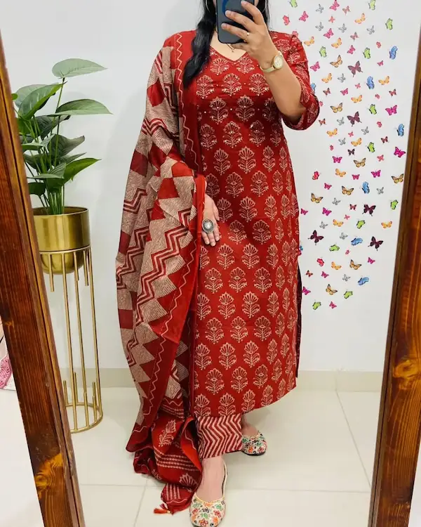 Heavy Cotton Embroidered Kurti with Pant & Dupatta