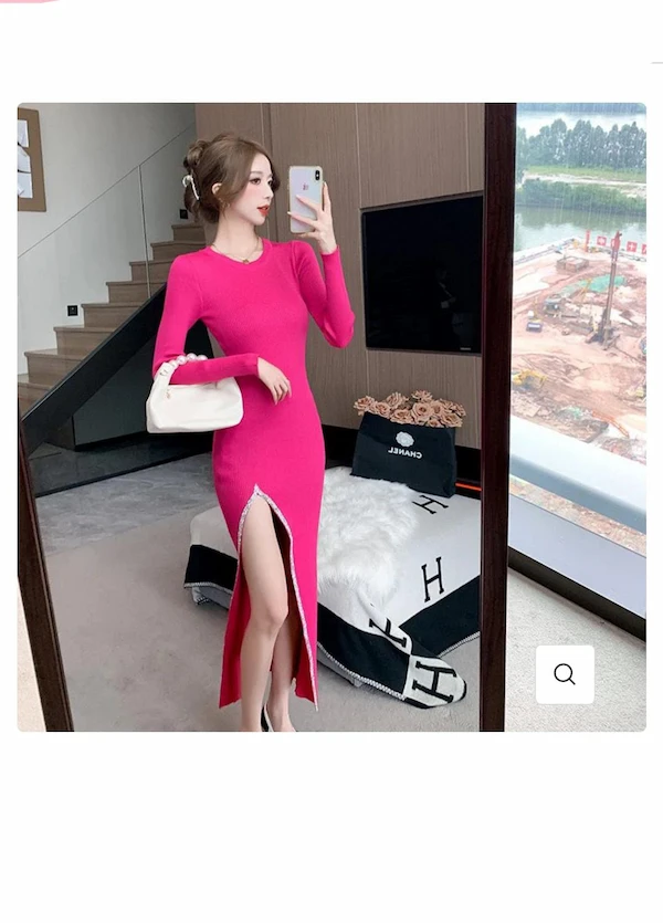 Aila Knit Bodycon Long Dress with Front Slit Stretchable Western Dress