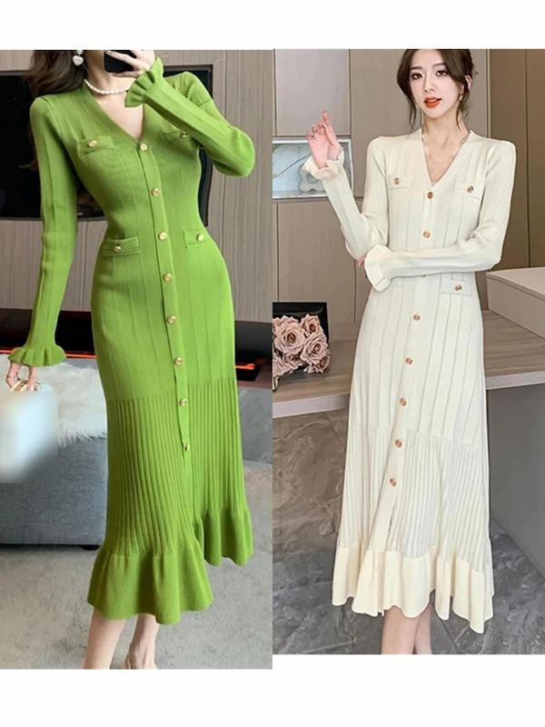 Autumn Winter Knitted Bodycon Midi Dress Ruffle Sweater Party Dress