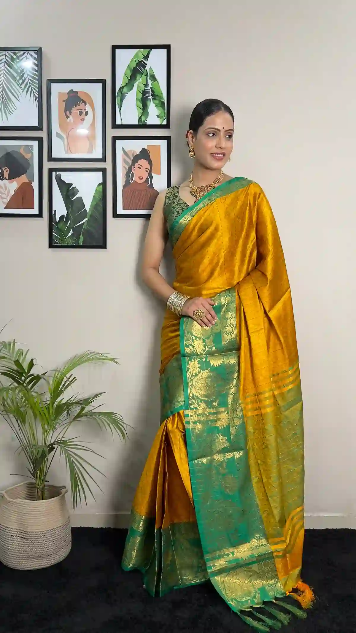 Mustard Green border Silk Ready To Wear Pleated Saree