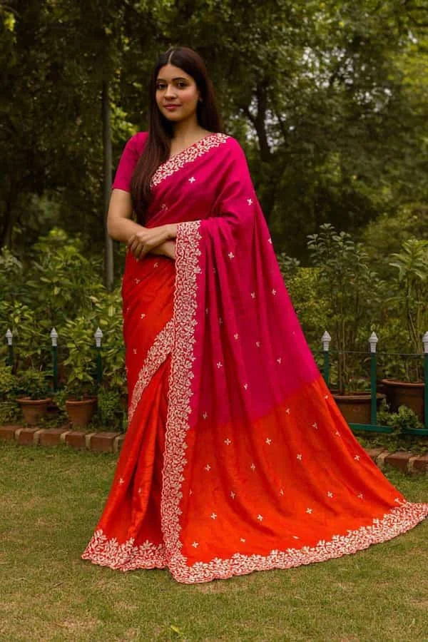 Fancy Chinon Silk Saree with Heavy Embroidery Work Border & Blouse