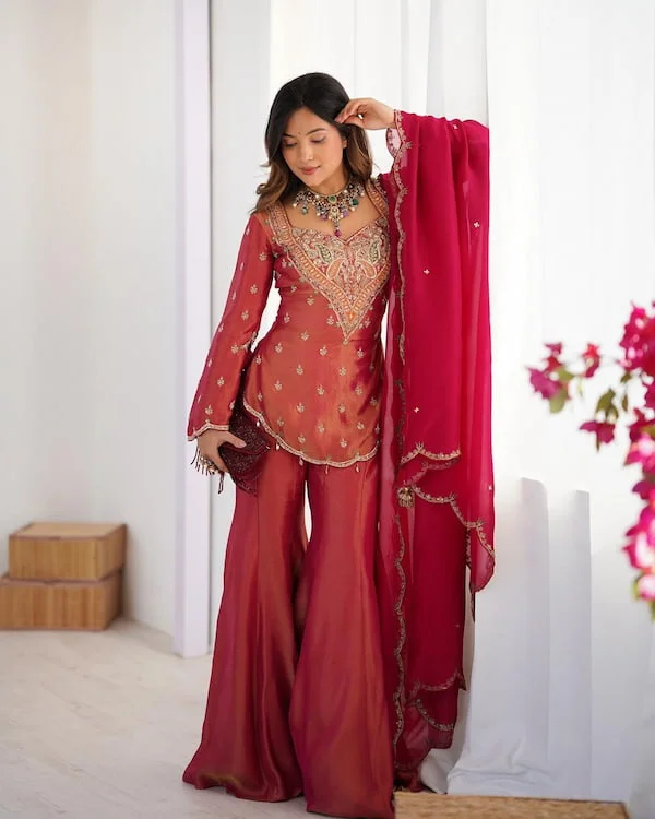 Trending Simar Silk With Embroidery Work Sharara set