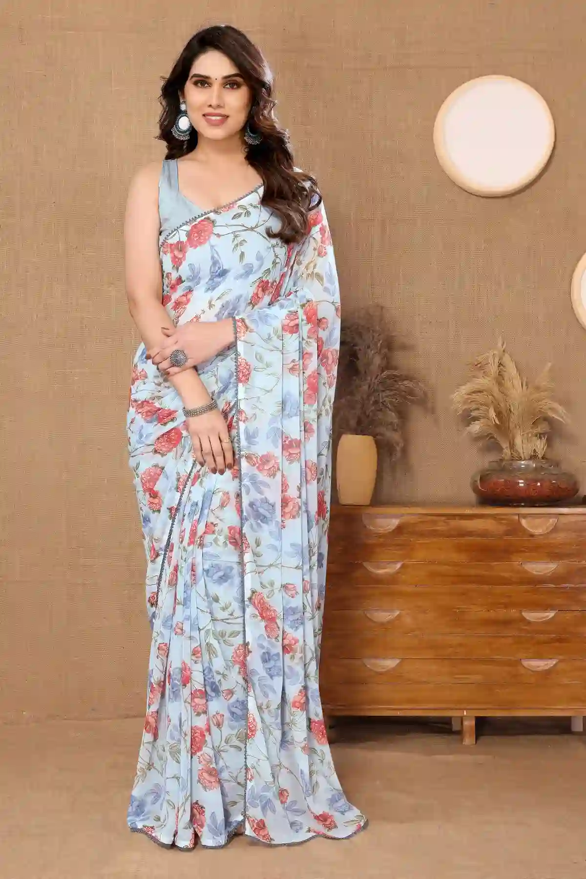  PRINTED READY TO WEAR PLEATED SAREE WITH SMALL LACE