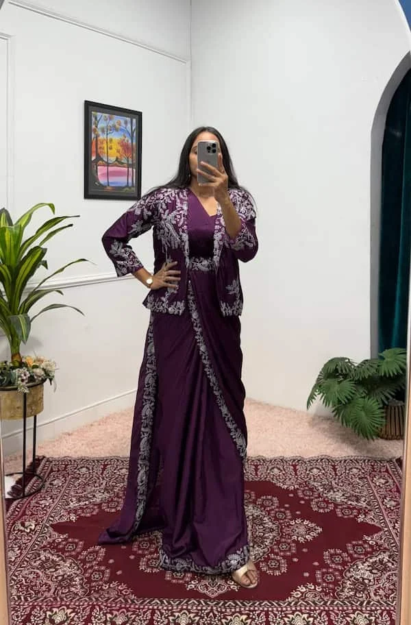 New Super Trending Embroidery Sequence work ready to wear saree with full koti

