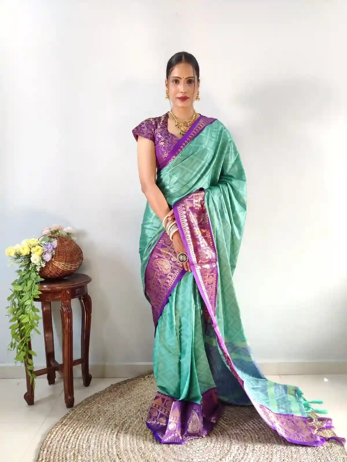 Green Silk Ready To Wear Pleated Saree