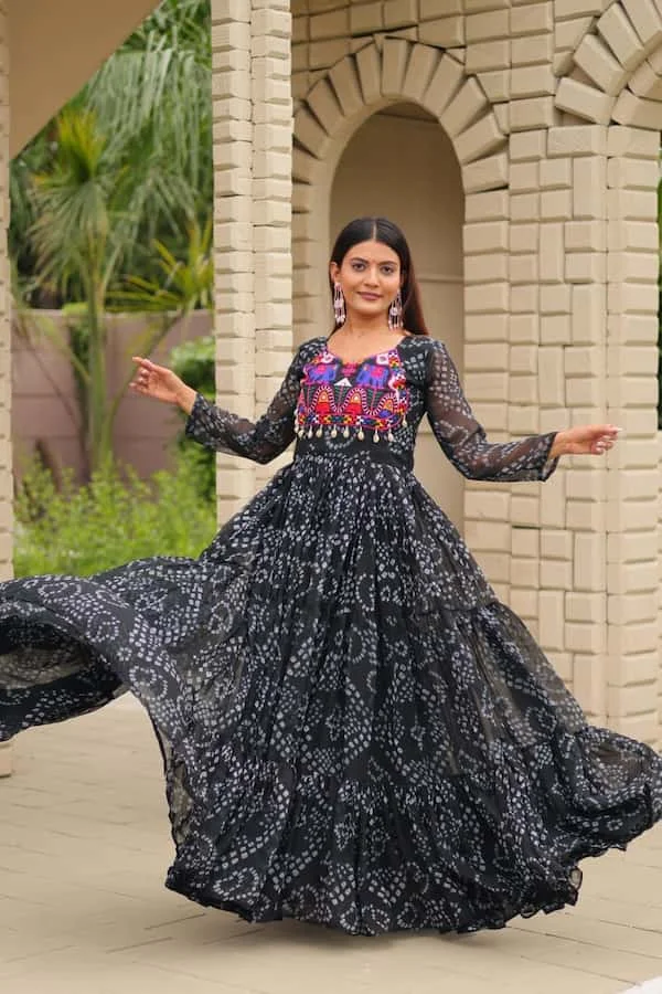Navratri Special Faux Georgette Gown with Kodi Lace & Mirror Work