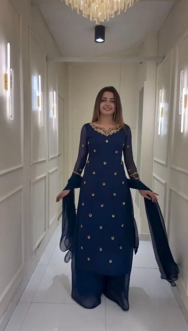 Trending Blue Georgette Suit with Embroidered Kurti, Palazzo & Dupatta