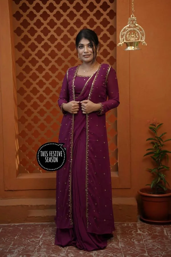4-in-1 Stylish Georgette Lehenga Saree Set with Blouse, Koti & Dupatta