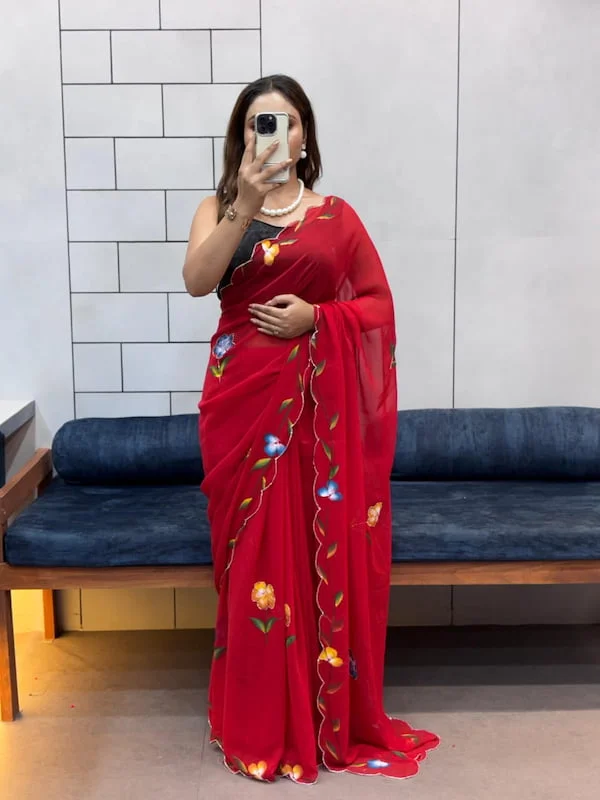 Super Hit Celebrity Style Handpaint Saree with Cut Dana Handwork