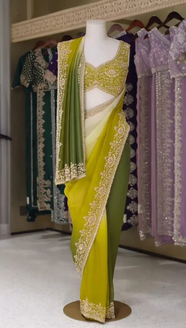 Green Ombre Shaded Heavy Saree with Stitched Embroidered Blouse