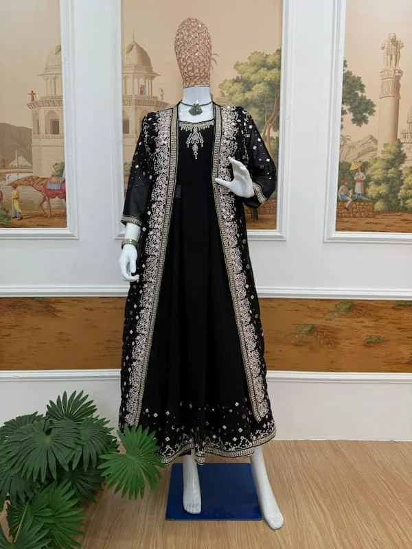 Festive Embroidered Gown with Koti & Dupatta – Crystal Work Set