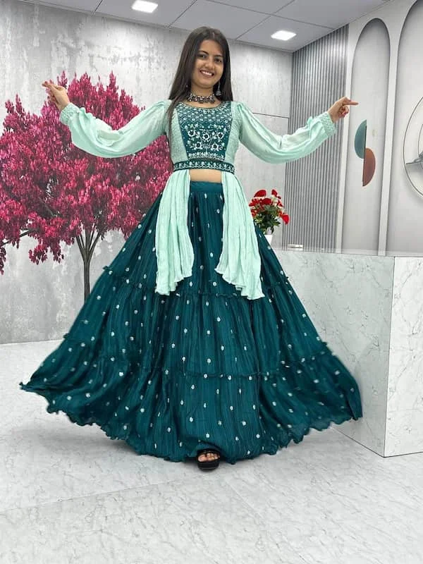 Designer Chinon Crop Top with Embroidered Lehenga & Dupatta
