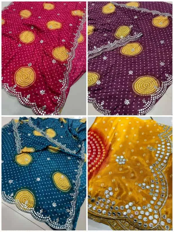 Heavy Bandhani Mirror Work Chinon Saree with Running Blouse