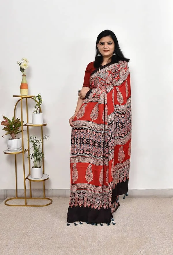 Semi Gajji Silk Saree with Digital Print & Ajrakh Pallu