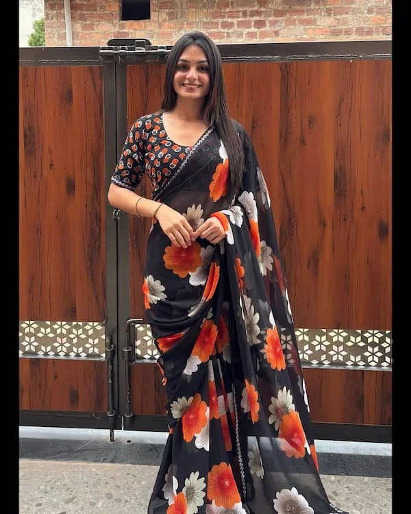 Black Floral Print Georgette Saree with Swarovski Work Border