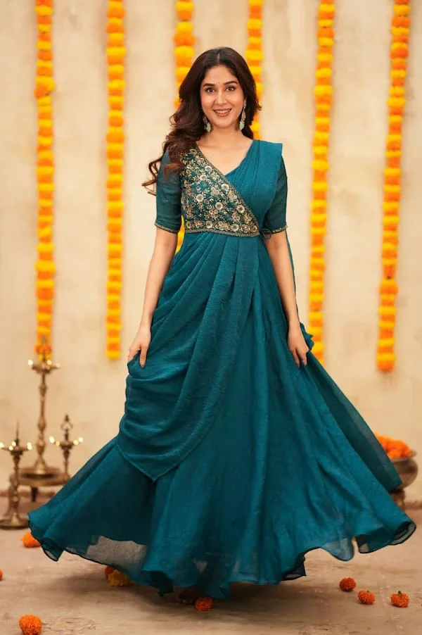 Aqua Meenakari Pre-Draped Saree Anarkali with Embroidery Blouse