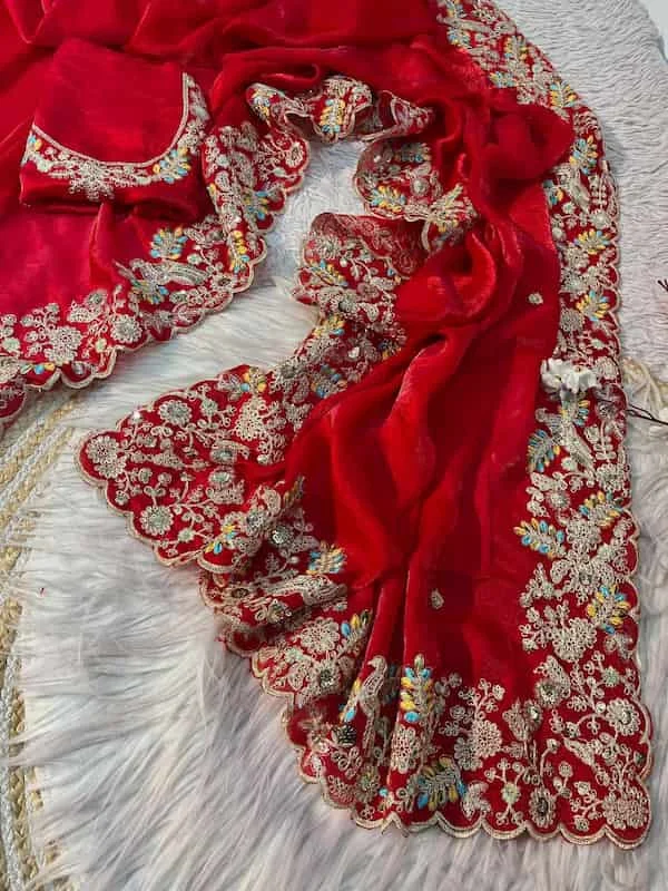 Karvachauth Special Red Space Silk Saree with Heavy Embroidery