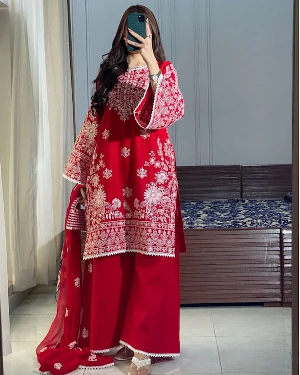 Karwa Chauth Special Embroidered Top with Palazzo & Dupatta Set