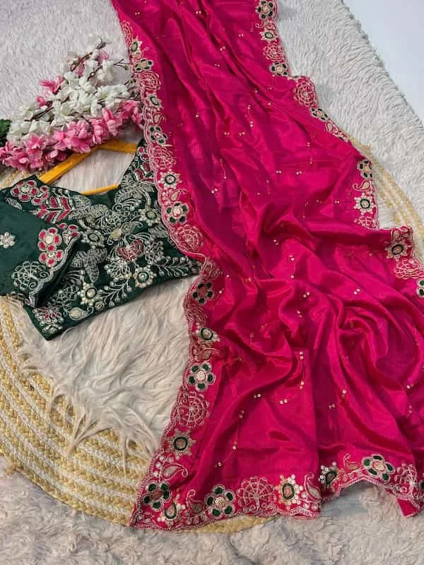 Elegant Chinon Silk Saree with Heavy Sequins & Lace Blouse