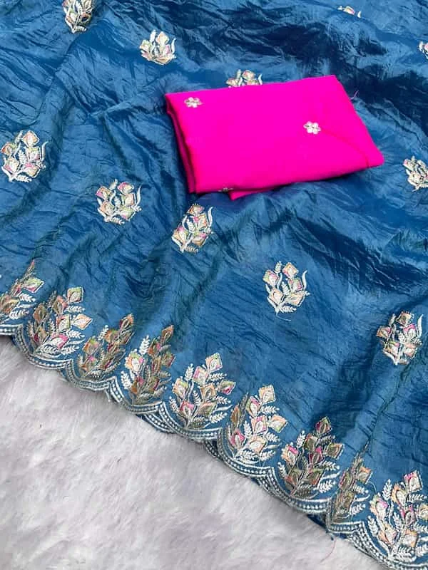 Soft Gold Crush Saree with Embroidery & Banglori Silk Blouse