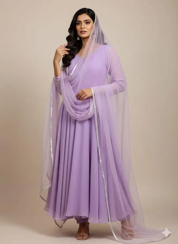 Lavender Georgette Kurta Set with Net Dupatta  Solid Design