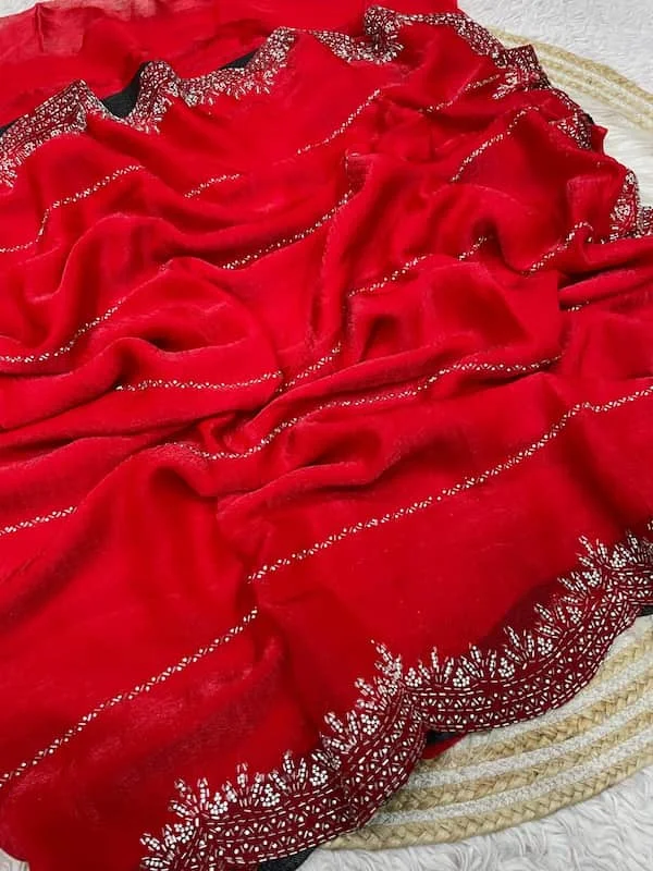 Premium Fandy Chiffon Saree with Jarkhan & Siroski Work