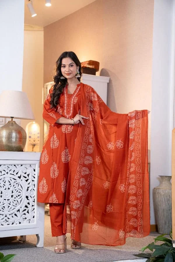 Cotton Printed Hand Work Anarkali Kurti with Pant & Malmal Dupatta