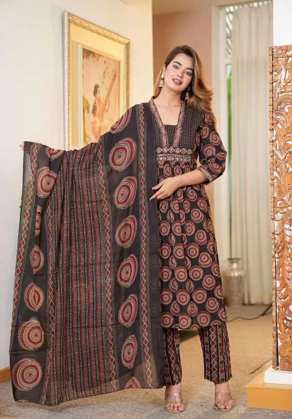 Cotton Embroidery Kurta Set with Pants & Mulmul Dupatta